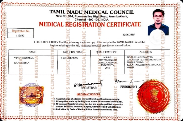 TNMC Medical Registration Certificate (M.B.B.S.)